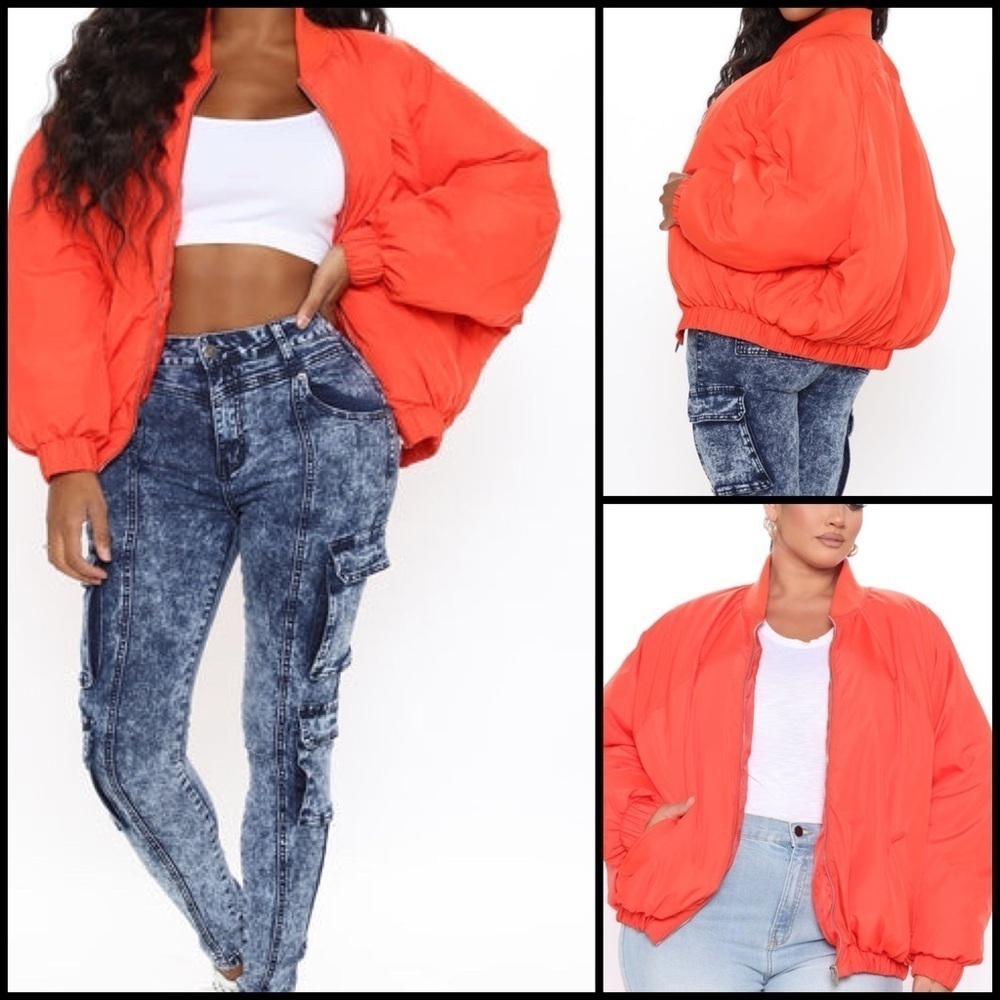New Look Orange Puffer Bomber Zip Up Cropped Gorpcore Streetwear Jacket L